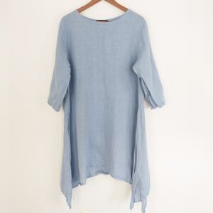 Sabina Bach 100% Linen Tunic Top Large Blue Asymmetric Hem 3/4 Sleeve Fairy